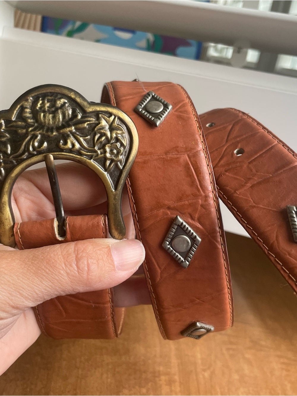 Vintage 80s Newmark Leather Western Concho Belt Ornate Brass Boho Cowgirl SM